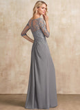 A-line Scoop Illusion Floor-Length Chiffon Lace Mother of the Bride Dress With Beading Sequins Cascading Ruffles