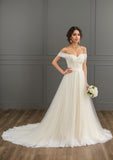 Ball-Gown/Princess Off the Shoulder Court Train Tulle Lace Wedding Dress With Ruffle