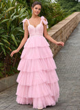 Ball-Gown/Princess Sweetheart Floor-Length Tulle Lace Prom Dresses With Bow Appliques Lace