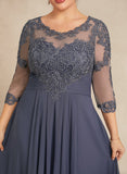 Plus Size A-line Scoop Illusion Asymmetrical Lace Chiffon Mother of the Bride Dress With Cascading Ruffles