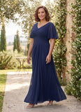 Plus Size V-Neck Flutter Sleeve Ruched Chiffon Mother of the Bride Dress