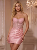 Strapless Sweetheart Rhinestone Illusion Corset Satin Homecoming Dress with Ruched Dress
