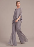 2-Piece Boat Neck 3/4 Sleeve Beaded Shoulder Asymmetric Tiered Chiffon Pantsuit