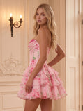 Strapless Sweetheart Lace Trim Floral Print Boned Corset Tiered Ruffle Homecoming Dress