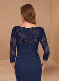 Bateau Neck 3/4 Illusion Lace Sleeve Ruched Sheath Mother of the Bride Dress