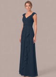 V-Neck Cap Sleeve Diamond Ruched Waistband Side Cascade Chiffon A-Line Mother of the Bride Dress
