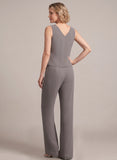 3-Piece Beaded Scoop Neck Scallop Lace Hem Sleeveless Top, 3/4 Sleeve Asymmetric Chiffon Jacket & Wide-Leg Pants Mother of the Bride Pantsuit