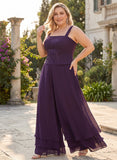 Plus Size 3-Piece Square Neck Sequin Embroidered Camisole Top, Long Sleeve Embroidered Jacket & Double-Tiered Wide-Leg Pants Mother of the Bride Pantsuit