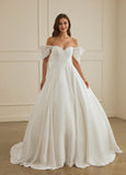 Ball-Gown/Princess Off the Shoulder Sweep Train Satin Wedding Dress With Ruffle