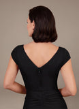 V-Neck Cap Sleeve Ruched Jersey Mother of the Bride Dress with Cascade Ruffle & Side Slit