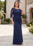 Plus Size Scoop Neck Illusion Lace Applique 3/4 Sleeve Diagonal Ruched Sheath Mother of the Bride Dress