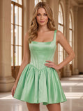 Square Neck Wide Strap Corset Satin Homecoming Dress with Lace-Up Back & Pockets