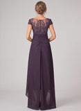 V-Neck Cap Sleeve Sequin Lace Applique Ruched Hi-Low Chiffon Mother of the Bride Dress