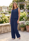 Plus Size 3-Piece Beaded Scoop Neck Chiffon Lace Mother of the Bride Pant Suit with Jacket
