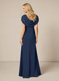 Scoop Neck Cowl Cape Sleeve Beaded Brooch Cascade Ruffle Mother of the Bride Dress with Side Slit