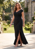 Plus Size V-Neck Cap Sleeve Crossover Ruched Jersey Sheath Mother of the Bride Dress with Side Slit