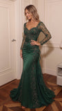 Long Sleeve Sweetheart Mermaid Evening Gown with Beaded Lace & Ruffle Train