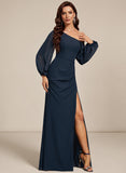 One Shoulder Lantern Sleeve Ruched Waist Side Slit Chiffon Evening Dress