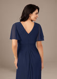 V-Neck Flutter Sleeve Ruched Chiffon A-Line Mother of the Bride Dress