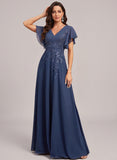 V-Neck Flutter Sleeve Sequin Floral Embroidered Chiffon A-Line Mother of the Bride Dress