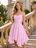 Spaghetti Strap Sweetheart Ruched Beaded Waist High-Low Chiffon A-Line Mini Dress