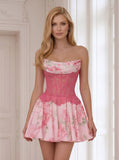 Strapless Draped Floral Print Lace Corset A-Line Homecoming Dress