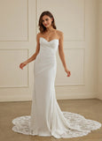 Sheath Strapless Court Train Satin Tulle Wedding Dress With Lace