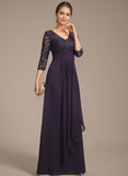 Empire V-Neck Floor-Length Lace Chiffon Mother of the Bride Dress With Cascading Ruffles Sequins