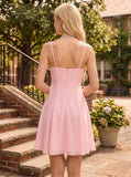 Spaghetti Strap V-Neck Bow Tie Front Ruffle Cascade Chiffon A-Line Mini Dress