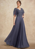 A-line V-Neck Floor-Length Chiffon Lace Mother of the Bride Dress With Sequins Beading