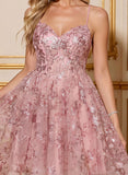 Spaghetti Strap Sweetheart Sequin Floral A-Line Tulle Mini Dress