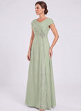 V-Neck Cap Sleeve Beaded Brooch Diagonal Ruched Sequin Panel A-Line Chiffon Mother of the Bride Dress
