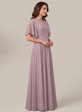 Bateau Neck Flutter Sleeve Floral Embroidered Chiffon A-Line Mother of the Bride Dress