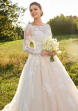 Illusion Boat neck long sleeves Wedding Gown with Back Bow