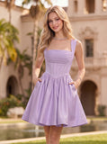 Square Neck Horizontal Ruched Corset Fit and Flare Satin Mini Dress