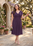 Plus Size V-Neck Flutter Sleeve Ruched Waist Chiffon Tea Length Mother of the Bride Dress