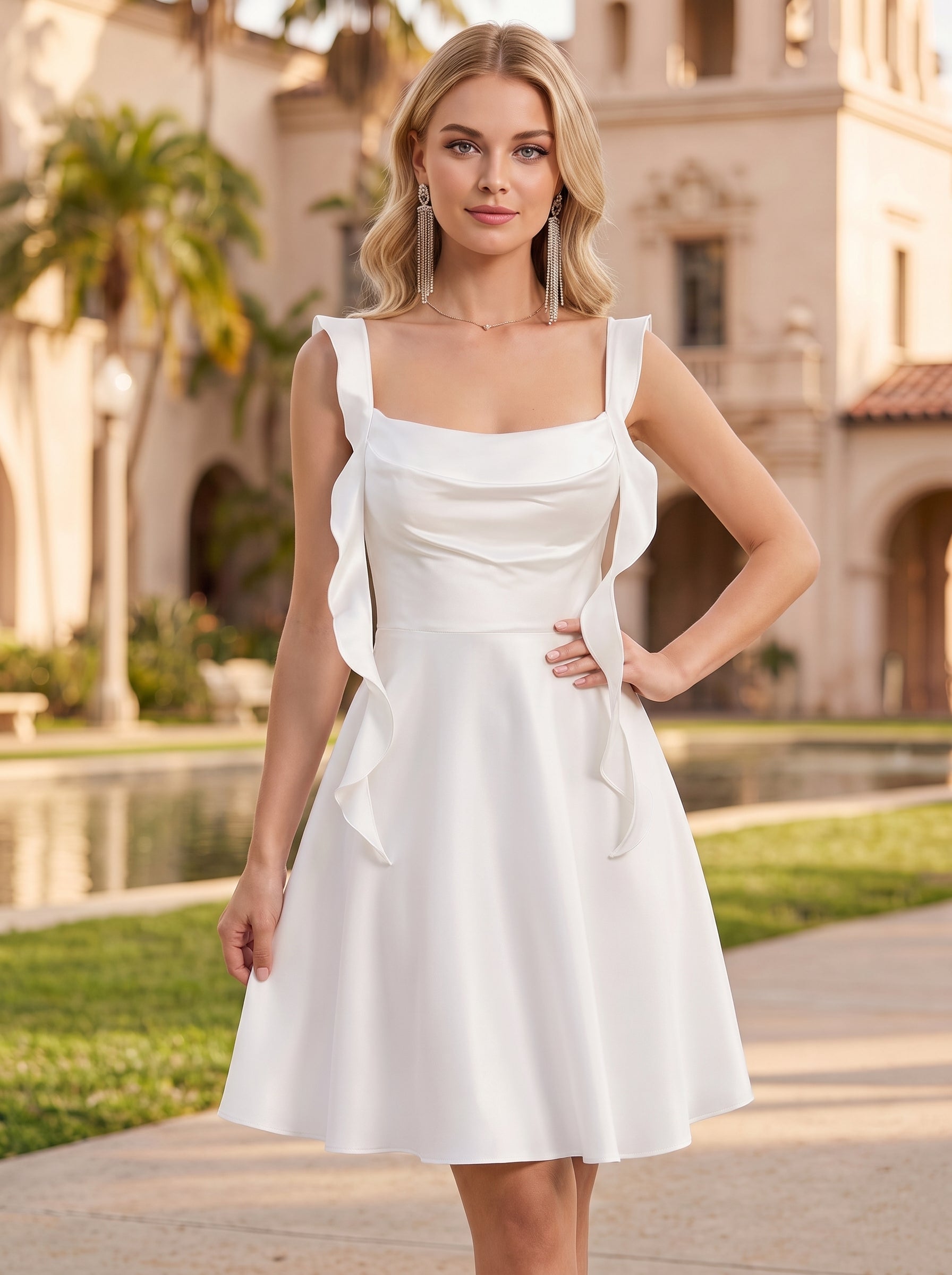 Square Neck Cowl Bust Ruffle Shoulder Strap Deep V-Back A-Line Satin Mini Dress