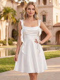 Square Neck Cowl Bust Ruffle Shoulder Strap A-Line Satin Mini Dress