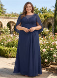 Plus Size Scoop Neck Illusion Lace Applique Chiffon Cape Sleeve Ruched A-Line Mother of the Bride Dress