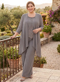 Plus Size 3-Piece Beaded Jewel Neck Allover Floral Embroidered Scallop Hem Sleeveless Top, 3/4 Sleeve Asymmetric Chiffon Jacket & Wide-Leg Pants Mother of the Bride Pantsuit