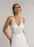 A-Line Halter Sequins Tulle Lace Wedding Dress