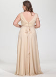 Plus Size A-line V-Neck Floor-Length Chiffon Bridesmaid Dress With Bow