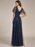 V Neck Ruffle Sleeves Sequin Maxi Long Evening Dress