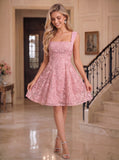 Wide Strap Sweetheart Allover Floral Lace Open Back Bow Tie A-Line Mini Dress