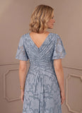 V-Neck Flutter Sleeve Floral Jacquard A-Line Mother of the Bride Dress