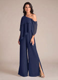 One Shoulder Draped Cape Chiffon Wide-Leg Jumpsuit for Mother of the Bride