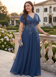 Plus Size V-Neck Flutter Sleeve Sequin Floral Embroidered Chiffon A-Line Mother of the Bride Dress