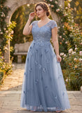 Plus Size V-Neck Cap Sleeve 3D Floral Lace Applique Tulle Dress