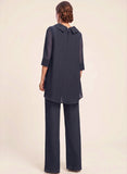 2-Piece Bow Collar 3/4 Sleeve Asymmetric Hem Chiffon Mother of the Bride Pantsuit