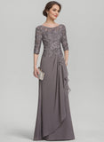 A-line Scoop Illusion Floor-Length Lace Chiffon Mother of the Bride Dress With Cascading Ruffles